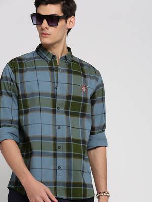 men's long sleeves tartan checks blue shirt 1