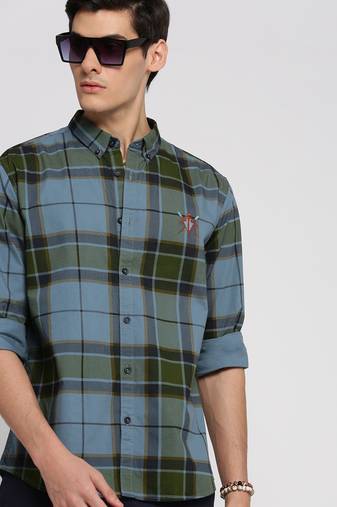 men's long sleeves tartan checks blue shirt