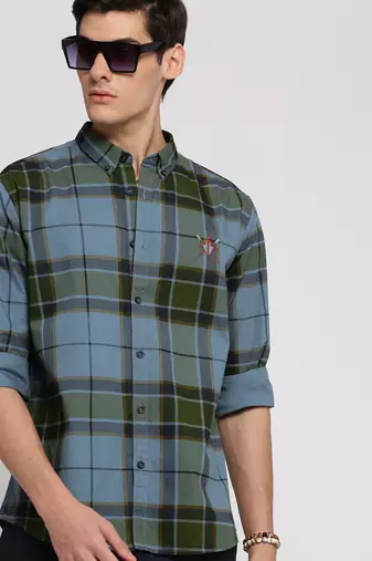 men's long sleeves tartan checks blue shirt
