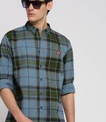 men's long sleeves tartan checks blue shirt