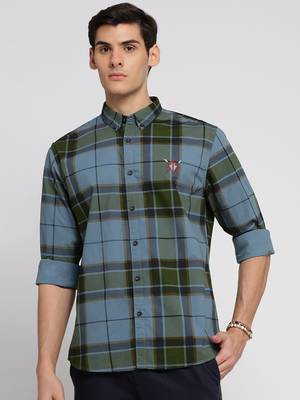 men's long sleeves tartan checks blue shirt 2