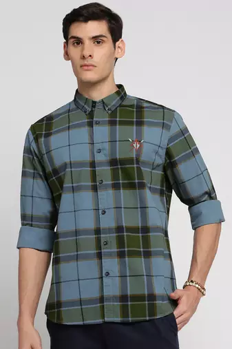 men's long sleeves tartan checks blue shirt