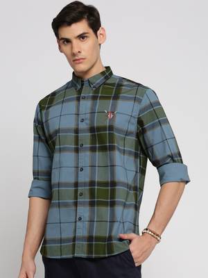 men's long sleeves tartan checks blue shirt 3