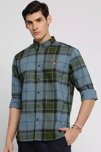 men's long sleeves tartan checks blue shirt