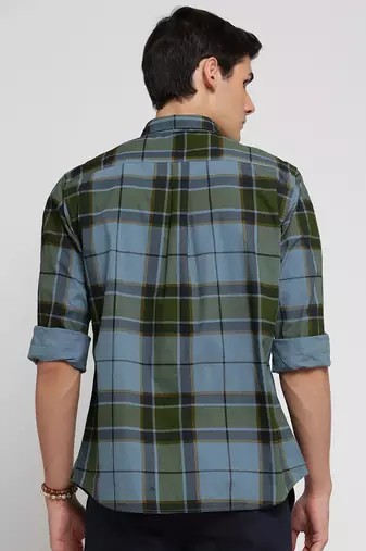 men's long sleeves tartan checks blue shirt