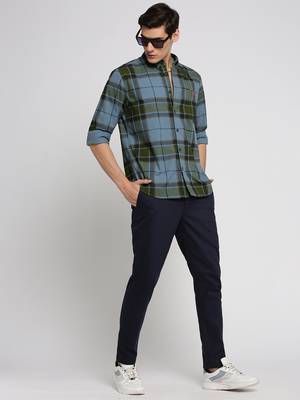 men's long sleeves tartan checks blue shirt 5