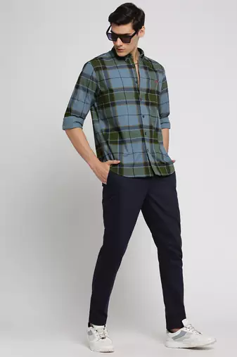 men's long sleeves tartan checks blue shirt