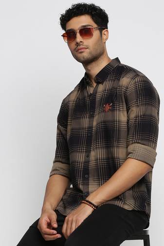 Showoff men's long sleeves tartan checks black shirt