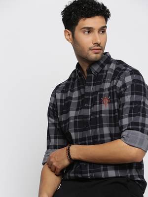Showoff men's long sleeves tartan checks navy blue shirt 1