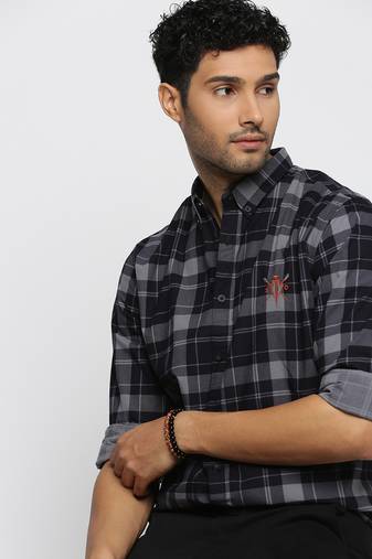Showoff men's long sleeves tartan checks navy blue shirt