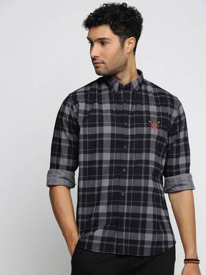 Showoff men's long sleeves tartan checks navy blue shirt 2