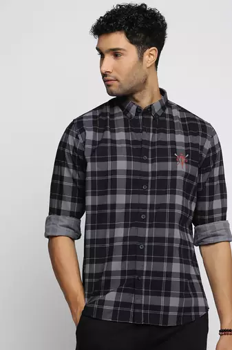 Showoff men's long sleeves tartan checks navy blue shirt
