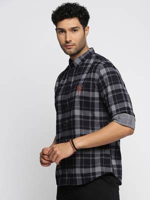 Showoff men's long sleeves tartan checks navy blue shirt 3