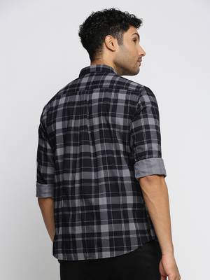 Showoff men's long sleeves tartan checks navy blue shirt 4