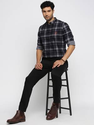 Showoff men's long sleeves tartan checks navy blue shirt 5