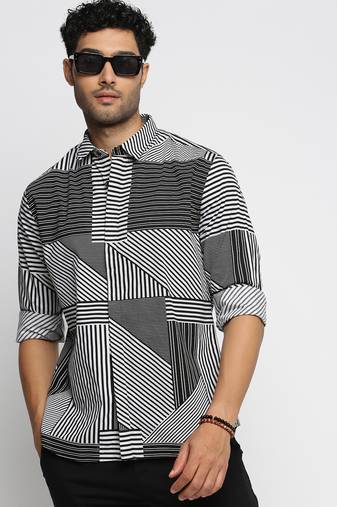 men's long sleeves multi stripes black shirt