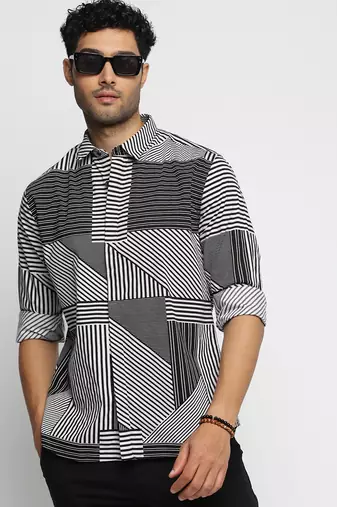 men's long sleeves multi stripes black shirt