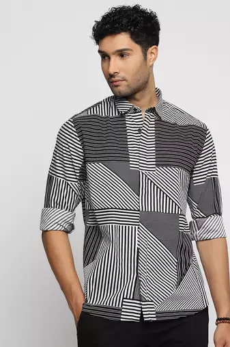 men's long sleeves multi stripes black shirt