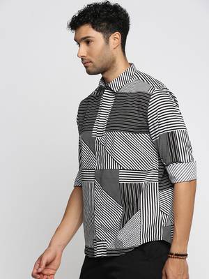 men's long sleeves multi stripes black shirt 3