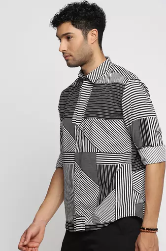 men's long sleeves multi stripes black shirt