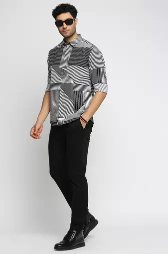 men's long sleeves multi stripes black shirt