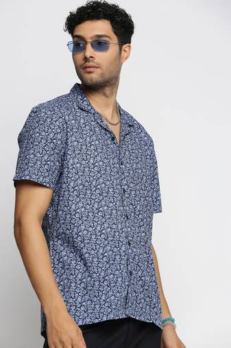 men's short sleeves floral blue shirt