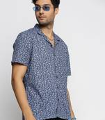 men's short sleeves floral blue shirt