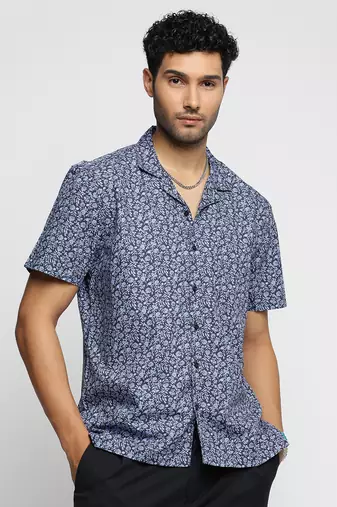 men's short sleeves floral blue shirt