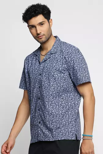 men's short sleeves floral blue shirt