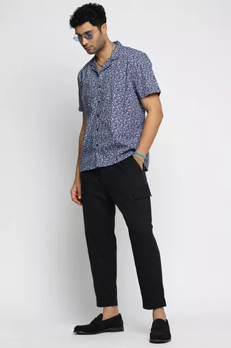 men's short sleeves floral blue shirt