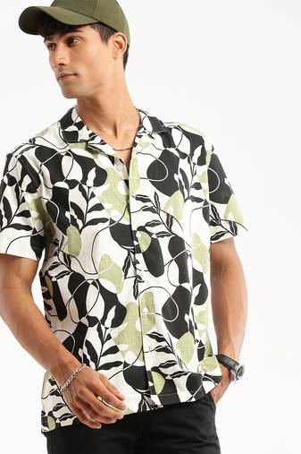 men's short sleeves floral black shirt