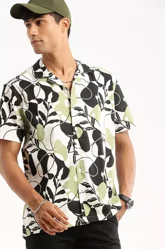 men's short sleeves floral black shirt