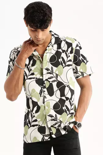 men's short sleeves floral black shirt
