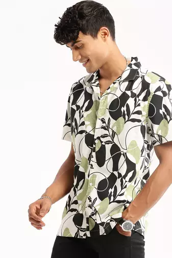 men's short sleeves floral black shirt