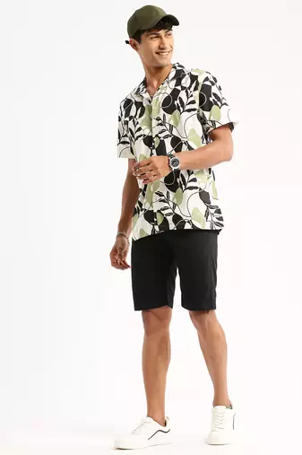 men's short sleeves floral black shirt