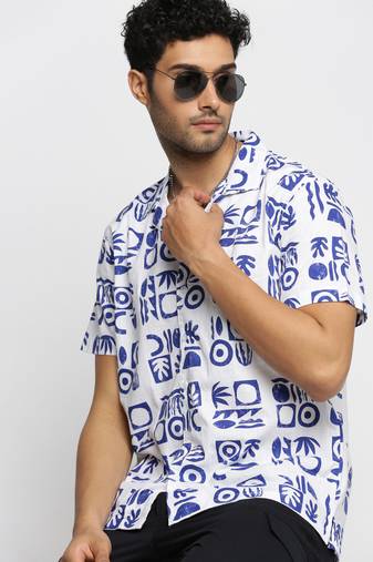 men's short sleeves geometric white shirt