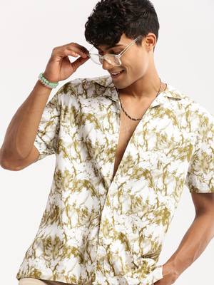 men's short sleeves abstract white shirt 1