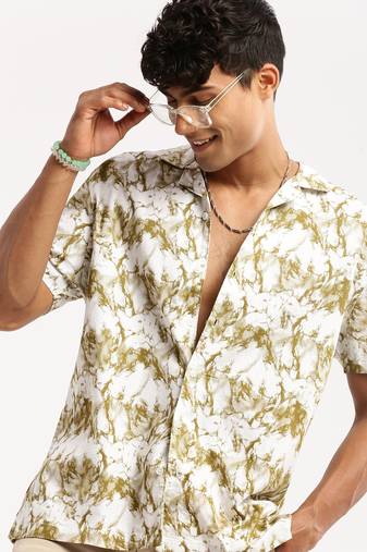 men's short sleeves abstract white shirt