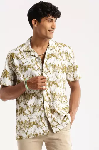 men's short sleeves abstract white shirt