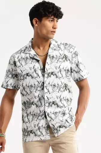 men's short sleeves abstract white shirt