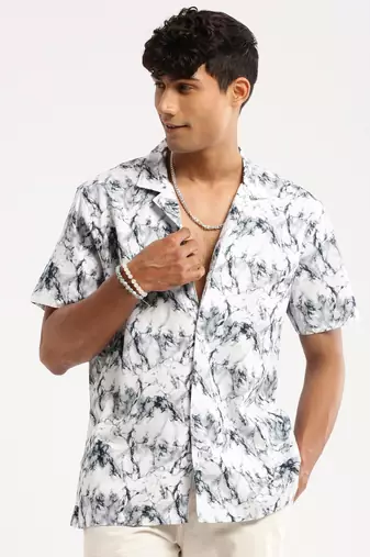 men's short sleeves abstract white shirt