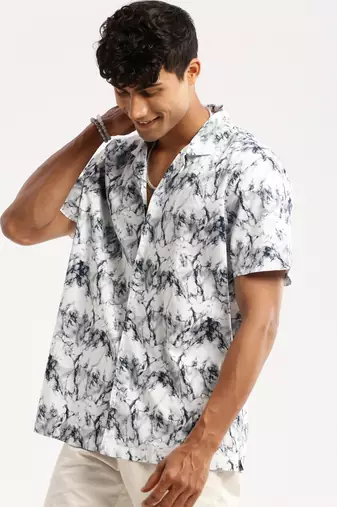 men's short sleeves abstract white shirt
