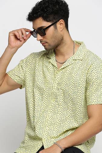 men's short sleeves floral yellow shirt