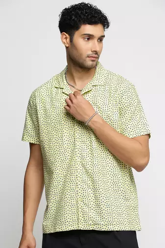 men's short sleeves floral yellow shirt