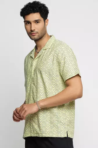 men's short sleeves floral yellow shirt