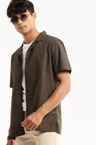men's short sleeves floral olive shirt