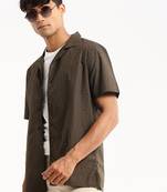 men's short sleeves floral olive shirt