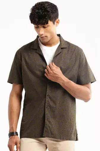 men's short sleeves floral olive shirt