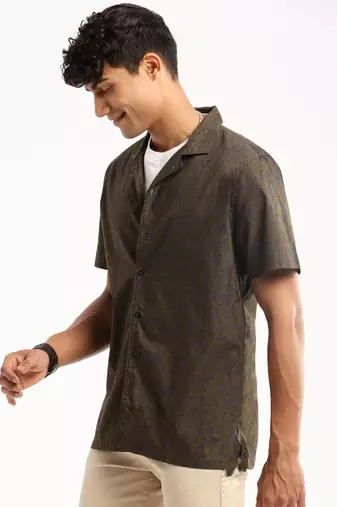 men's short sleeves floral olive shirt