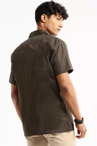 men's short sleeves floral olive shirt